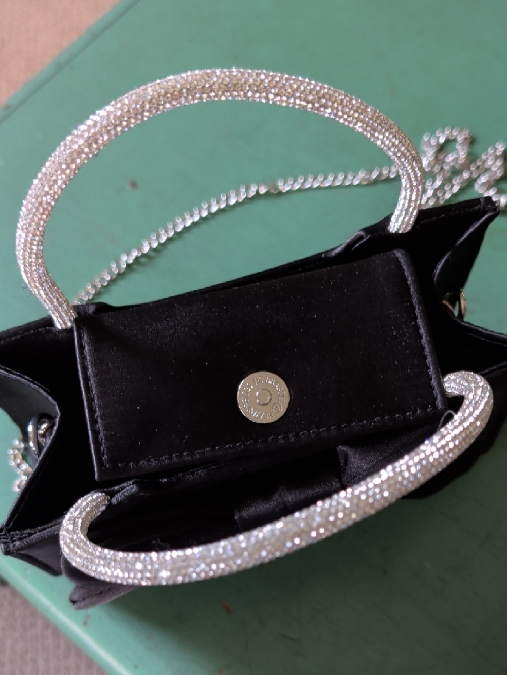Elegant Black Bow Satin Handbag with Rhinestone Handles Formal Prom Event - Picture 8 of 10